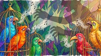 Ilustración de cinco aves (azul, naranja, verde, roja, amarilla) en jaulas doradas, con notas musicales. Sombras de manos humanas y fondo de selva.