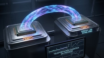 Dos procesadores metálicos unidos por un arco de energía azul y púrpura. Un monitor muestra datos y el texto "TELEPORTACIÓN CUÁNTICA EN PROCESO".