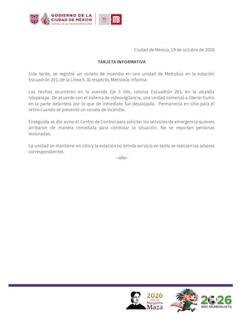 Documento oficial con logotipos institucionales y un texto sobre un incidente en una unidad de transporte público en Ciudad de México