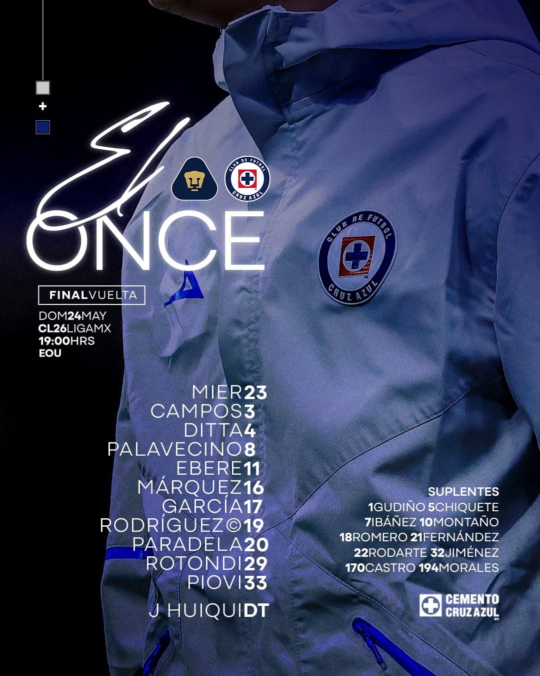 Se muestra la alineación titular y los suplentes del Club Deportivo Cruz Azul para la final de vuelta de la Liga MX contra Pumas UNAM. (X@CruzAzul)
