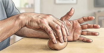 Primer plano de dos manos de una persona sobre una mesa de madera clara. Una mano sostiene un huevo de color marrón claro, mientras la otra mano está abierta