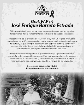 Aviso de defunción en blanco y negro del Parque de las Leyendas para José Enrique Barreto Estrada, con una foto de dos hombres mayores y un cartel