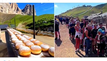 A la izquierda, bollos con azúcar alineados en una mesa frente a una montaña. A la derecha, una fila de personas en un camino de montaña