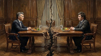 Pintura al óleo de dos hombres, Mauricio Macri y Javier Milei, sentados en lados opuestos de una mesa de madera rota, con platos de milanesas y vasos de agua.