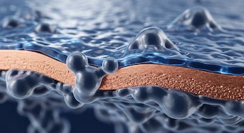 Imagen hiperrealista de una superficie de cobre con una capa de biopolímero azul brillante encima, mostrando moléculas en forma de burbujas en interacción.