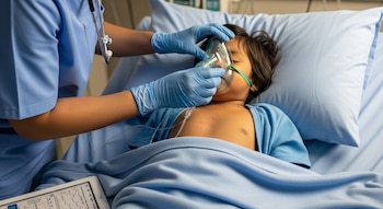 Un profesional médico con uniforme azul y guantes ajusta una mascarilla de oxígeno a un niño indígena acostado en una cama de hospital.