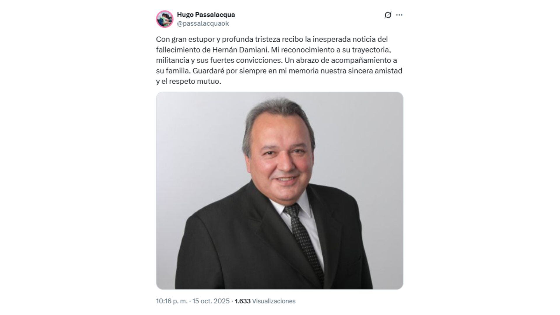 El comunicado que emitió el gobernador de Misiones, tras confirmarse la muerte de Damiani