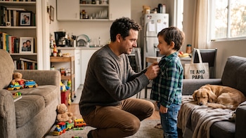 Un padre viste a su hijo en la sala de su casa - VisualesIA ScribNews