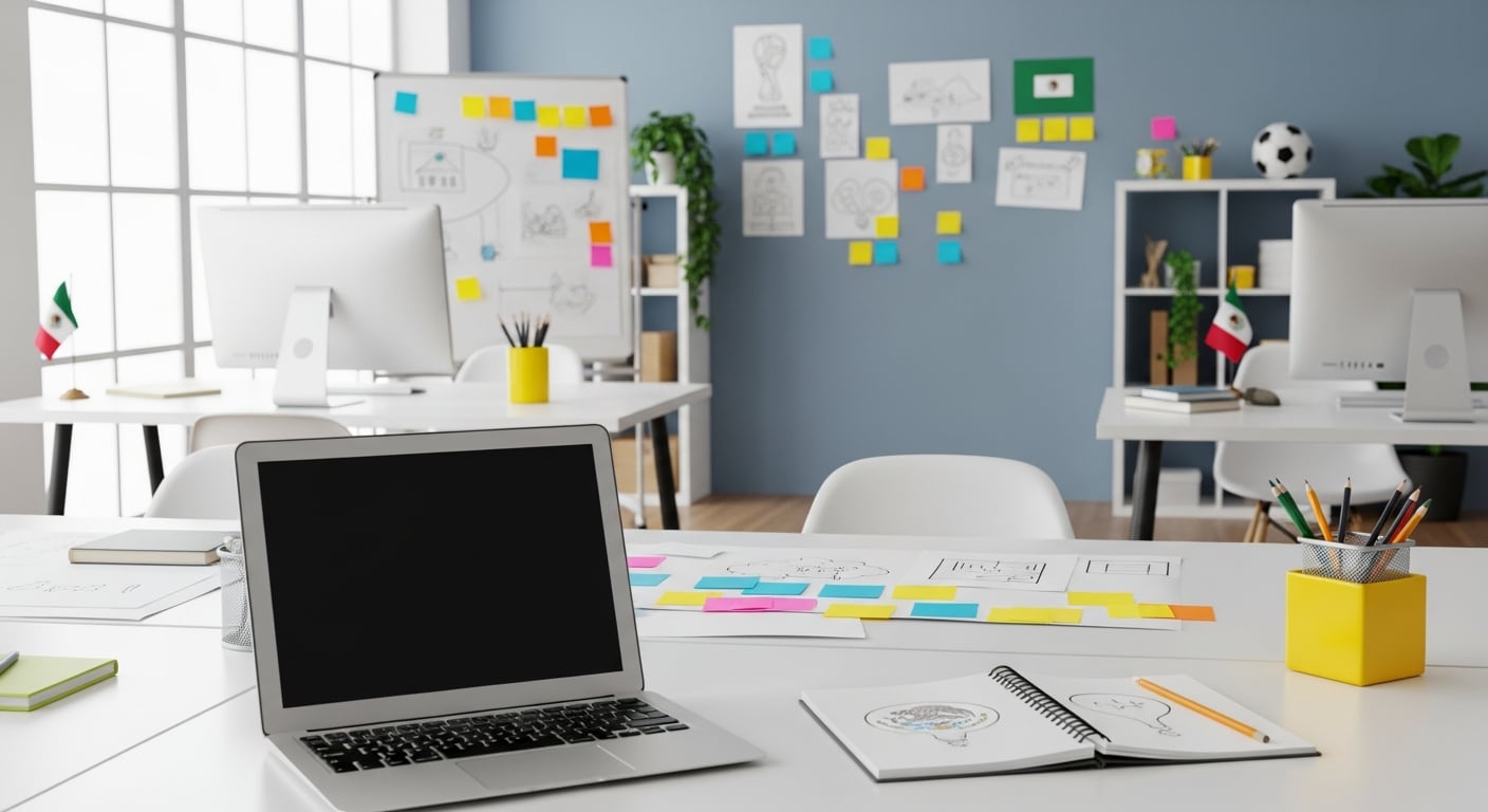 Un espacio de trabajo vacío en una agencia de publicidad en Ciudad de México ilustra el modelo de home office, con escritorios llenos de bocetos y un balón de fútbol que evoca la fiebre del Mundial. (Imagen Ilustrativa Infobae)