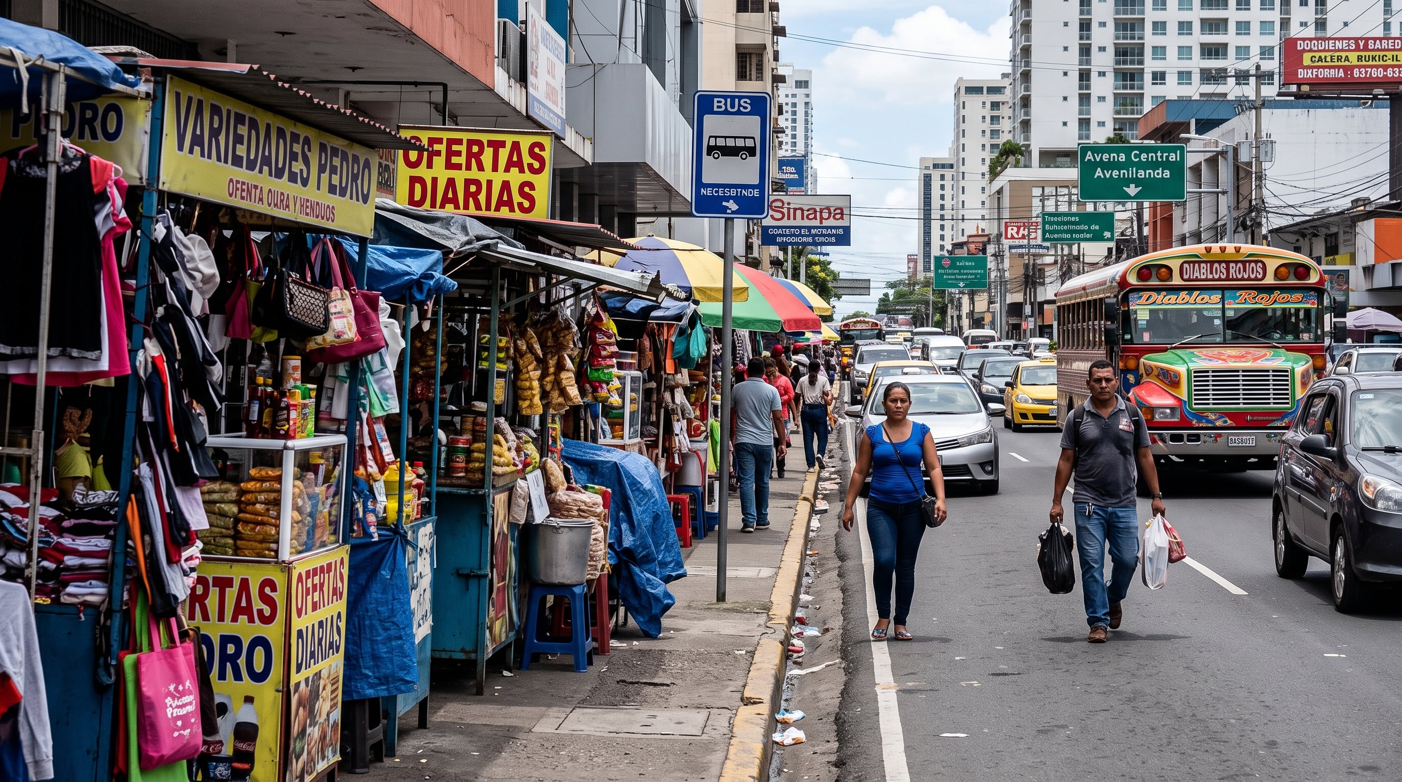 Varios puestos ambulantes ocupan la acera de una avenida en la ciudad de Panamá, por lo que los peatones caminan por el borde de la calle junto al tráfico de vehículos. (Imagen Ilustrativa Infobae)