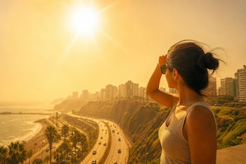 Mujer con gafas de sol en un mirador observando una autopista costera, acantilados y edificios bajo un sol brillante.