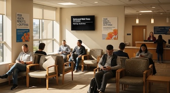 Vista interior de una sala de espera con varios pacientes sentados y un mostrador de recepción. Un televisor muestra 'Tiempo de espera estimado: 25 minutos'.