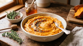 Un cuenco cerámico con puré de batata con miel y frutos secos junto a un frasco de miel, tomillo y una servilleta sobre una mesa.