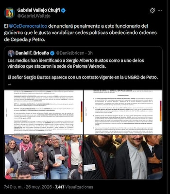 Gabriel Vallejo Chujfi anunció que el Centro Democrático denunciará penalmente al hombre señalado por presuntamente participar en el ataque contra la sede de campaña de Paloma Valencia - crédito Gabriel Vallejo/X