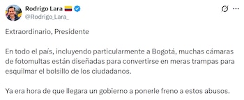 El ministro del Interior, Rodrigo Lara, señaló que muchas cámaras en el país funcionan como trampas para los ciudadanos y respaldó la intervención del gobierno - crédito @Rodrigo_Lara_/ X