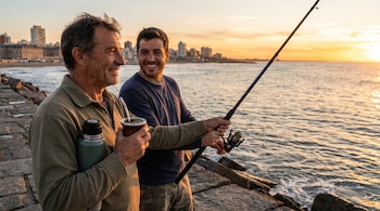 Dos hombres, uno mayor y uno joven, sonríen mientras pescan con caña en una escollera de Mar del Plata al atardecer. Uno sostiene un mate y un termo.