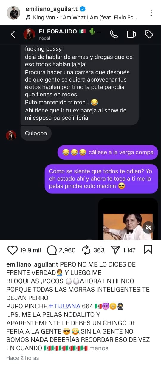 Emiliano Aguilar difundió un supuesto chat con su cuñado, Christian Nodal. (@emiliano_aguilar.t, Instagram)