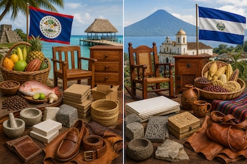 Banderas de Belice y El Salvador junto a muebles de madera, alimentos, montones de papel, bloques de piedra y artículos de cuero sobre mesas.