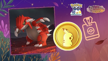 Ilustración con el personaje rojo Groudon sobre lava, una moneda dorada con la figura de Pikachu, un pase de evento y logotipos de Pokémon GO