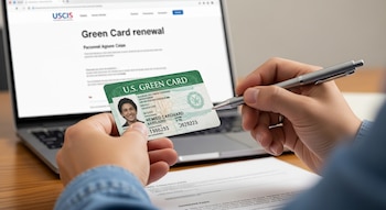 Primer plano de manos sosteniendo una Tarjeta Verde de EE. UU. frente a un portátil con la web de renovación del USCIS. Una mano sujeta un bolígrafo.