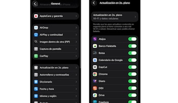 Capturas de pantalla de un menú de ajustes de iPhone en modo oscuro. La primera muestra la sección General, la segunda la sección Actualización en 2o. plano