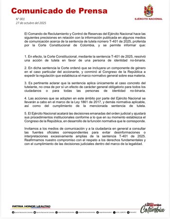 La institución militar precisó que