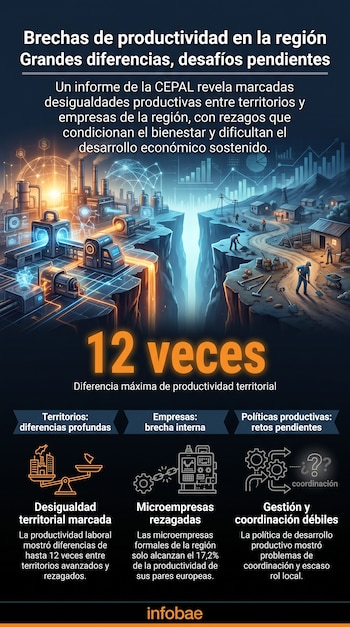 Infografía sobre brechas de productividad de la CEPAL con ilustración de industria y campo, texto, datos de 12 veces y logo Infobae.
