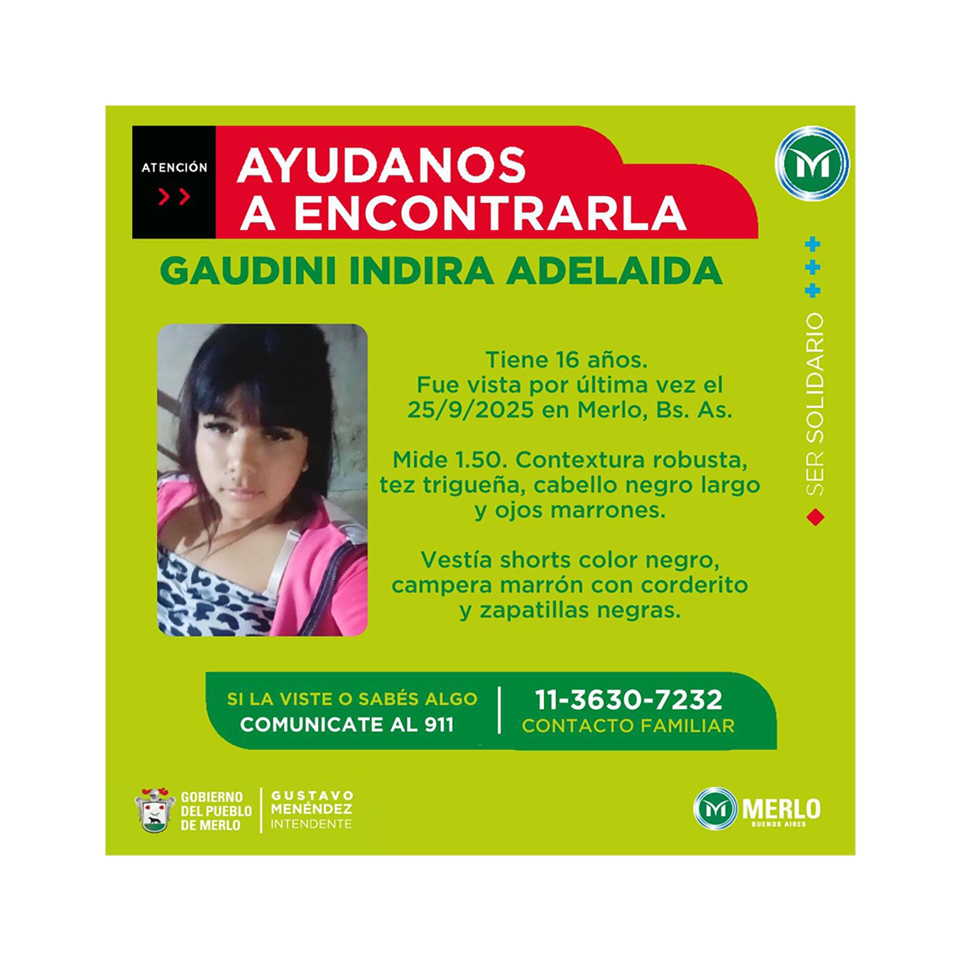 El Municipio de Merlo publicó los datos de la joven en sus redes sociales