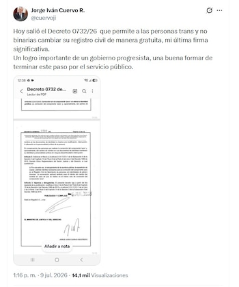 Jorge Iván Cuervo aseguró que el decreto que elimina el costo para cambiar el componente sexo y el nombre en el registro civil fue su "última firma significativa" como ministro de Justicia - crédito @cuervoji/X