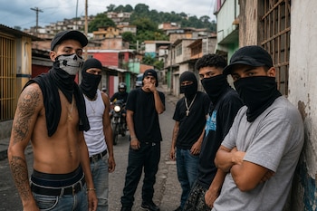 Seis hombres jóvenes con rostros cubiertos por pañuelos y pasamontañas permanecen en una calle de un barrio con viviendas al fondo.