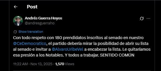 Andrés Guerra pidió a Uribe como cabeza en la lista del Senado del Centro Democrático - crédito @andresguerraho