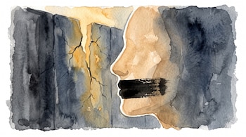 Acuarela del perfil de un rostro humano con la boca cubierta por una franja negra ante un muro gris agrietado con luz amarilla.