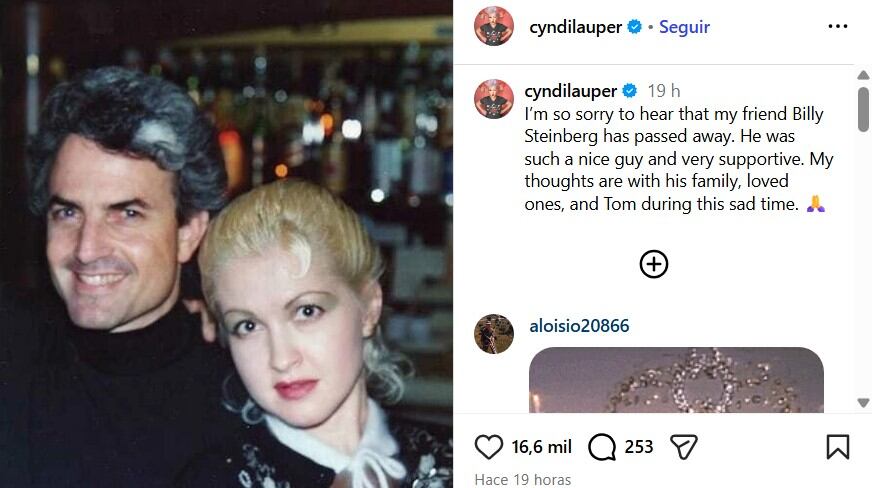 La cantante de “True Colors” envió un mensaje de condolencias por la muerte del compositor (Captura: Instagram)