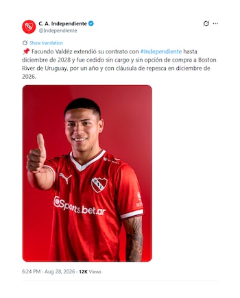 Independiente anunció la cesión de Facundo Valdéz