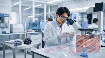 Un científico con gafas de protección manipula una placa de petri junto a un microscopio y un recuadro que muestra células musculares.