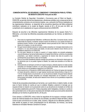 CDSCCFB sancionó a las hinchadas de Millonarios