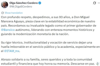 Olga Sánchez Cordero confirmó el fallecimiento de Miguel Mancera Aguayo y reconoció su trayectoria en Banxico.