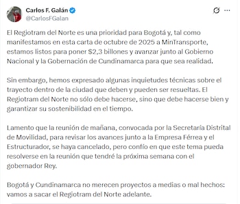 La alcaldía de Bogotá exige resolver inquietudes técnicas sobre el trayecto urbano para garantizar la sostenibilidad y éxito del Regiotram del Norte - crédito Carlos Fernando Galán/X