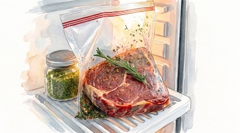 Ilustración a la acuarela de un corte de carne sazonado con romero dentro de una bolsa plástica y un frasco de vidrio en un refrigerador.
