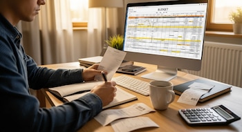 Vista lateral de una persona sentada en un escritorio, escribiendo en un cuaderno y sosteniendo un recibo, con un monitor mostrando una hoja de cálculo de presupuesto.