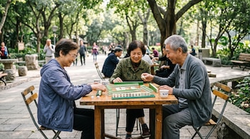 Dos mujeres y un hombre de edad avanzada juegan con fichas de mahjong sobre una mesa de madera en un sendero de un parque arbolado.