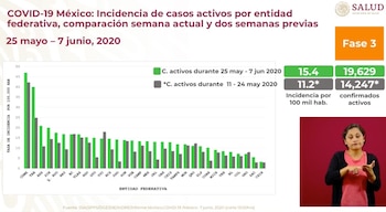 Incidencia de casos activos dos semanas previas 25 de mayo a 7 de junio Foto: Captura de pantalla Gobierno de México