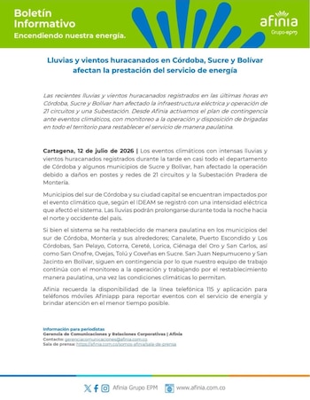 A Afinia informou que ativou o seu plano de resposta após os danos em 21 áreas e um posto de gasolina, e estão sendo feitos progressos para restaurar gradualmente os serviços. - crédito @AfiniaGrupoEPM/X