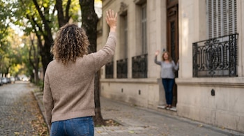 Una mujer de espaldas, con suéter beige y jeans, levanta una mano en saludo. Al fondo, difuminada, otra mujer saluda desde la puerta de una casa antigua.
