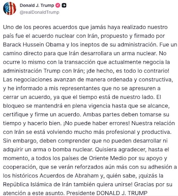 El mensaje de Trump en Truth Social: frenó las expectativas de un acuerdo inminente con Irán, confirmó que el bloqueo naval continuará y sugirió que Teherán podría sumarse a los Acuerdos de Abraham. (Captura de pantalla/Truth Social)