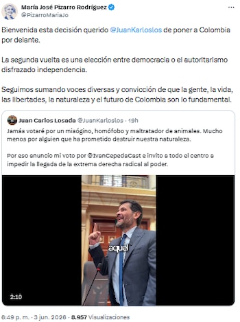 María José Pizarro respaldó la decisión de Juan Carlos Losada y destacó la importancia de la democracia en la segunda vuelta - crédito @PizarroMariaJo/X