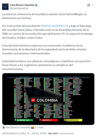 La Cancillería, liderada por Omar Bula, señaló que la posición responde a las prioridades de política exterior del gobierno de Abelardo de la Espriella: la defensa de la democracia, la libertad y la seguridad nacional - crédito @CancilleriaCol/X