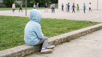 Un niño sentado de espaldas en el borde de un patio escolar. Viste sudadera azul y pantalón gris. Otros niños juegan borrosos a lo lejos.