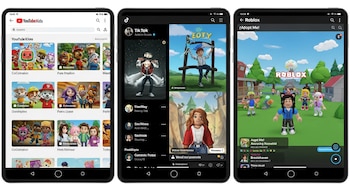 Capturas de pantalla en tres smartphones muestran las interfaces de YouTube Kids con contenido infantil, TikTok con videos y Roblox con avatares en un juego.