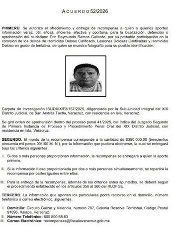 La Fiscalía de Veracruz ofrece 350 mil pesos por información que permita detener a los presuntos responsables del crimen.